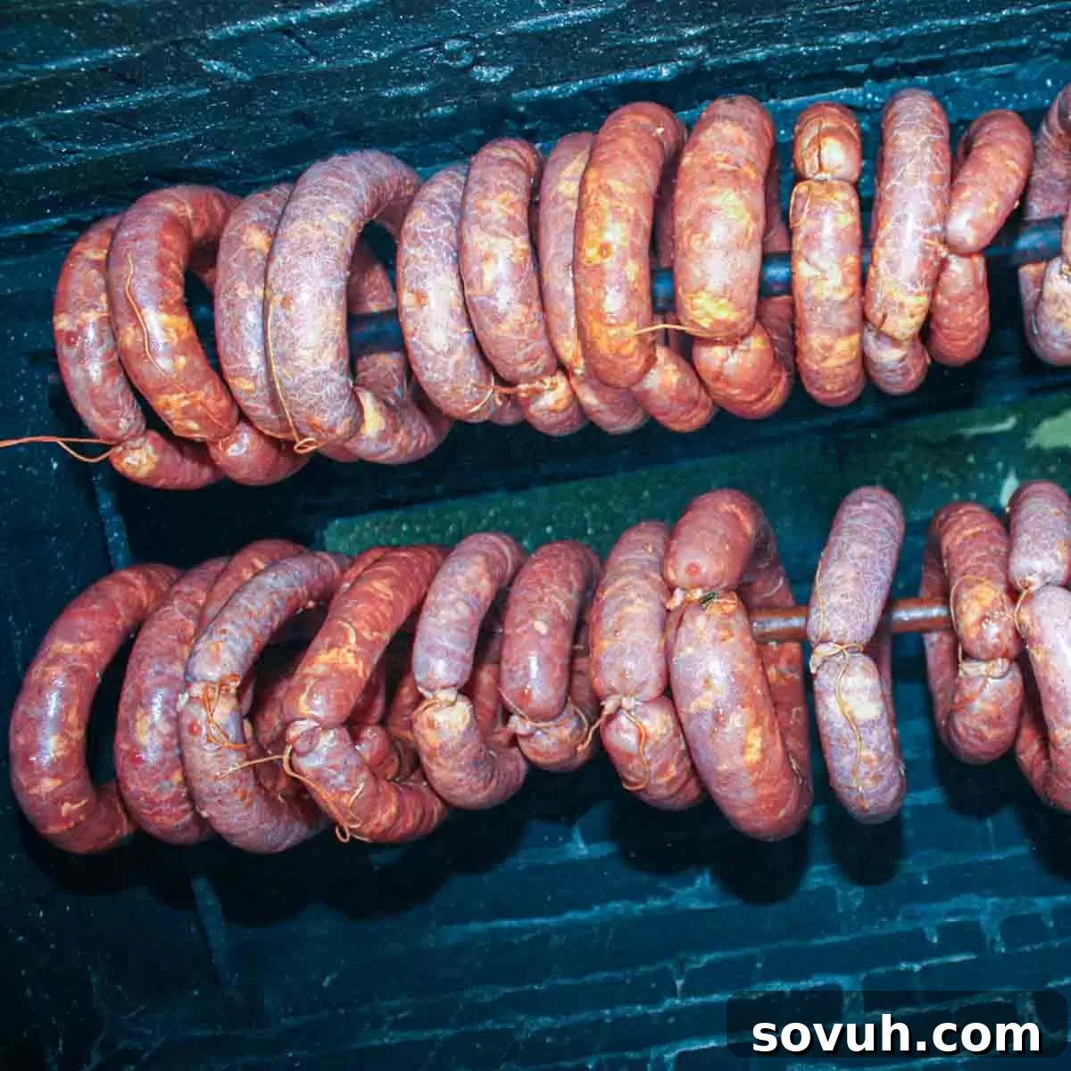 Portuguese sausages being expertly smoked in an outdoor smoker, showing the dense smoke and hanging arrangement