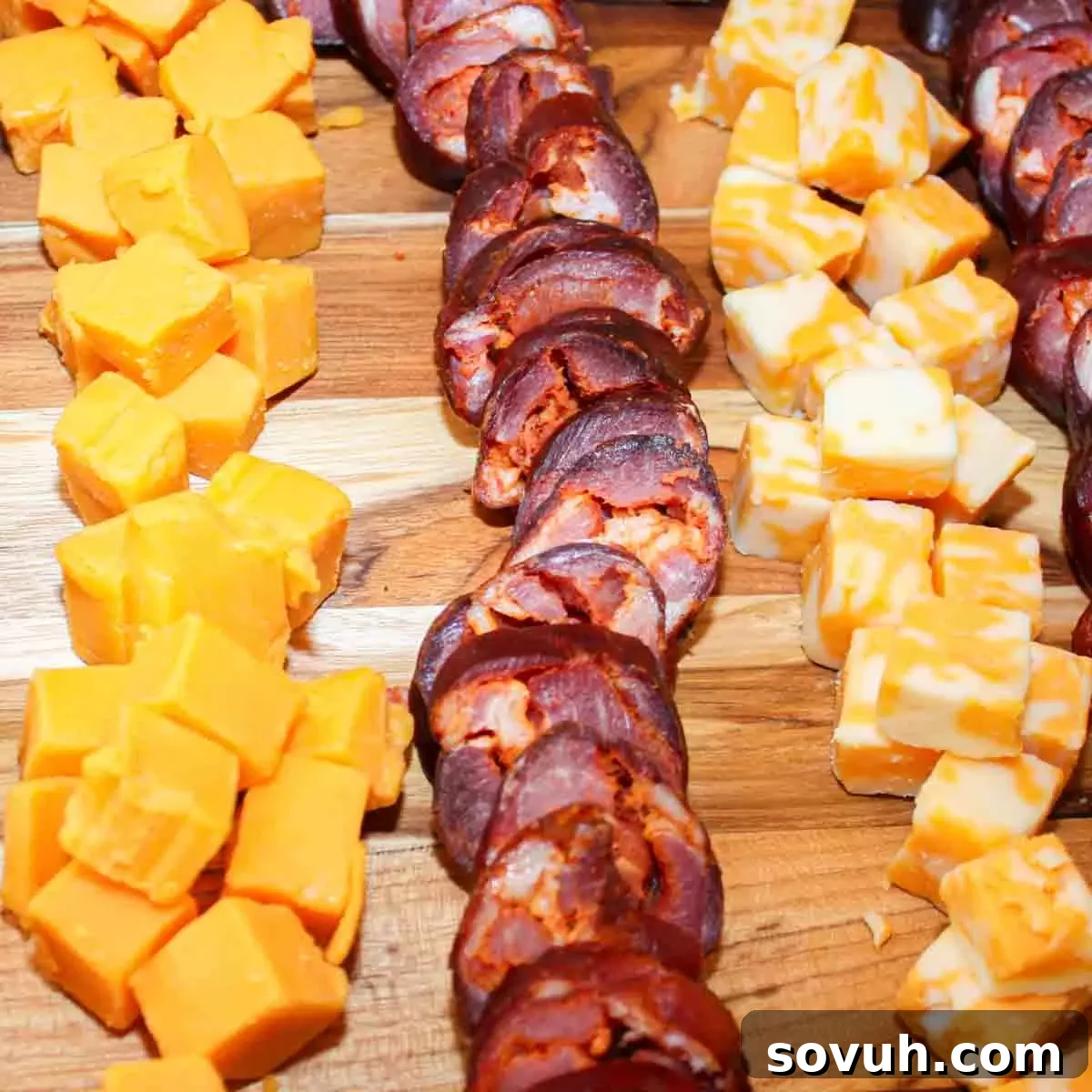A beautifully arranged tray of cheese and Portuguese sausage on a wooden board, ideal for a charcuterie spread