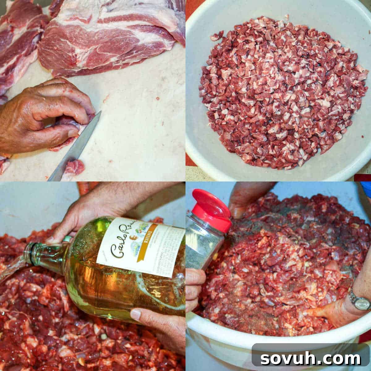A series of photos showing the process of preparing meat for Portuguese sausage, including cubing and seasoning