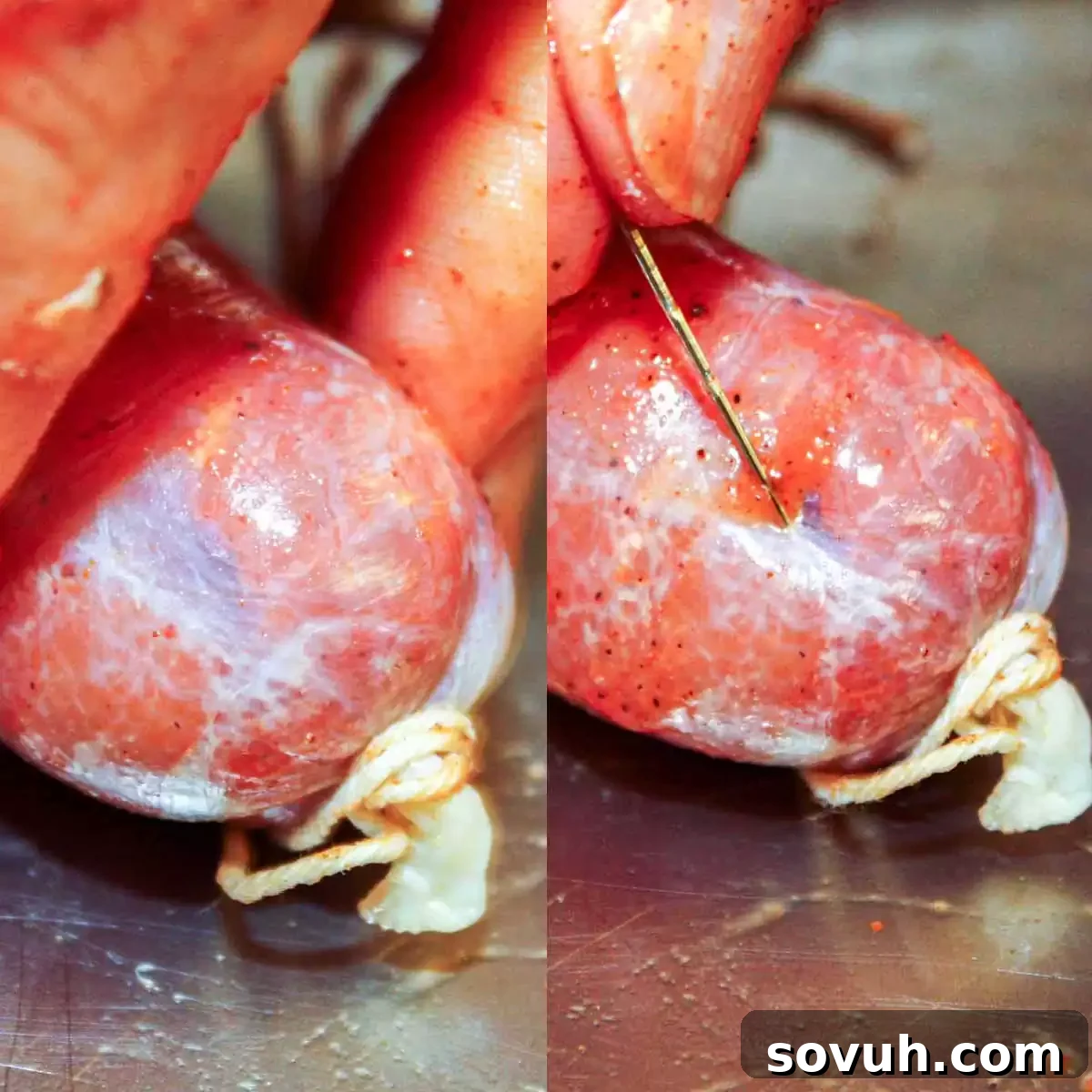 A person is carefully using a needle to remove air pockets from a freshly stuffed Portuguese sausage