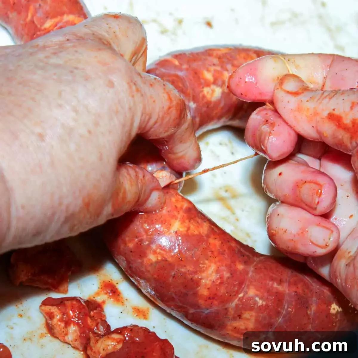 A person is shaping a Portuguese sausage into a traditional ring, securing it with twine