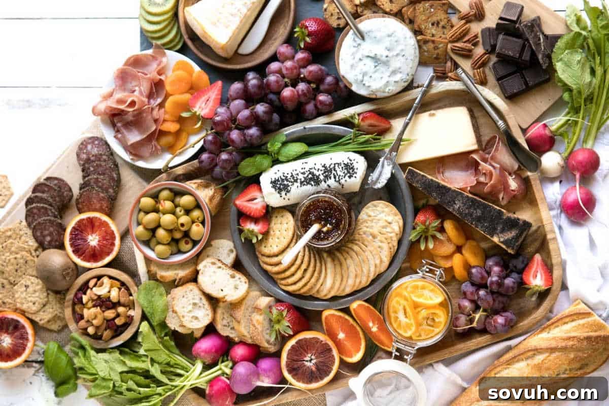 Elegant Meat and Cheese Charcuterie Board with assorted cheeses, crackers, cured meats, grapes, olives, nuts, fresh vegetables, fruit slices, and a dip, artfully arranged on a wooden surface.