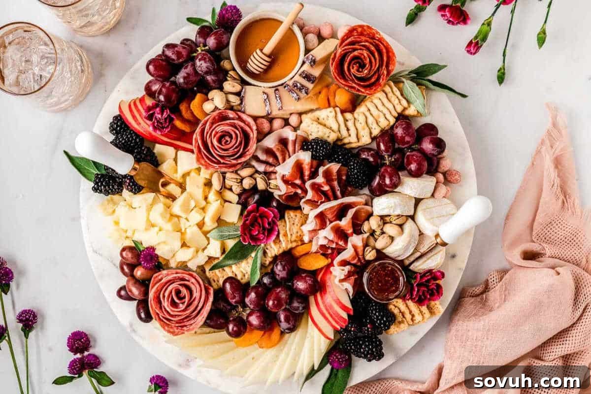 Luxurious Ultimate Charcuterie Board featuring an abundance of assorted cheeses, cured meats, grapes, blackberries, crackers, nuts, honey, and jam, garnished with edible flowers.