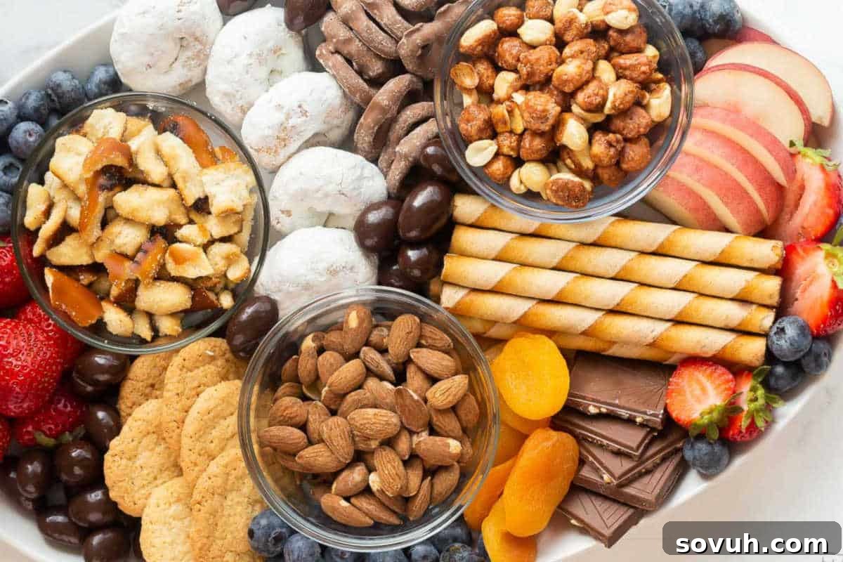 Decadent Dessert Charcuterie Board laden with an assortment of sweet treats including cookies, chocolates, rolled wafers, dried fruits, fresh berries, sugared nuts, and powdered donuts.