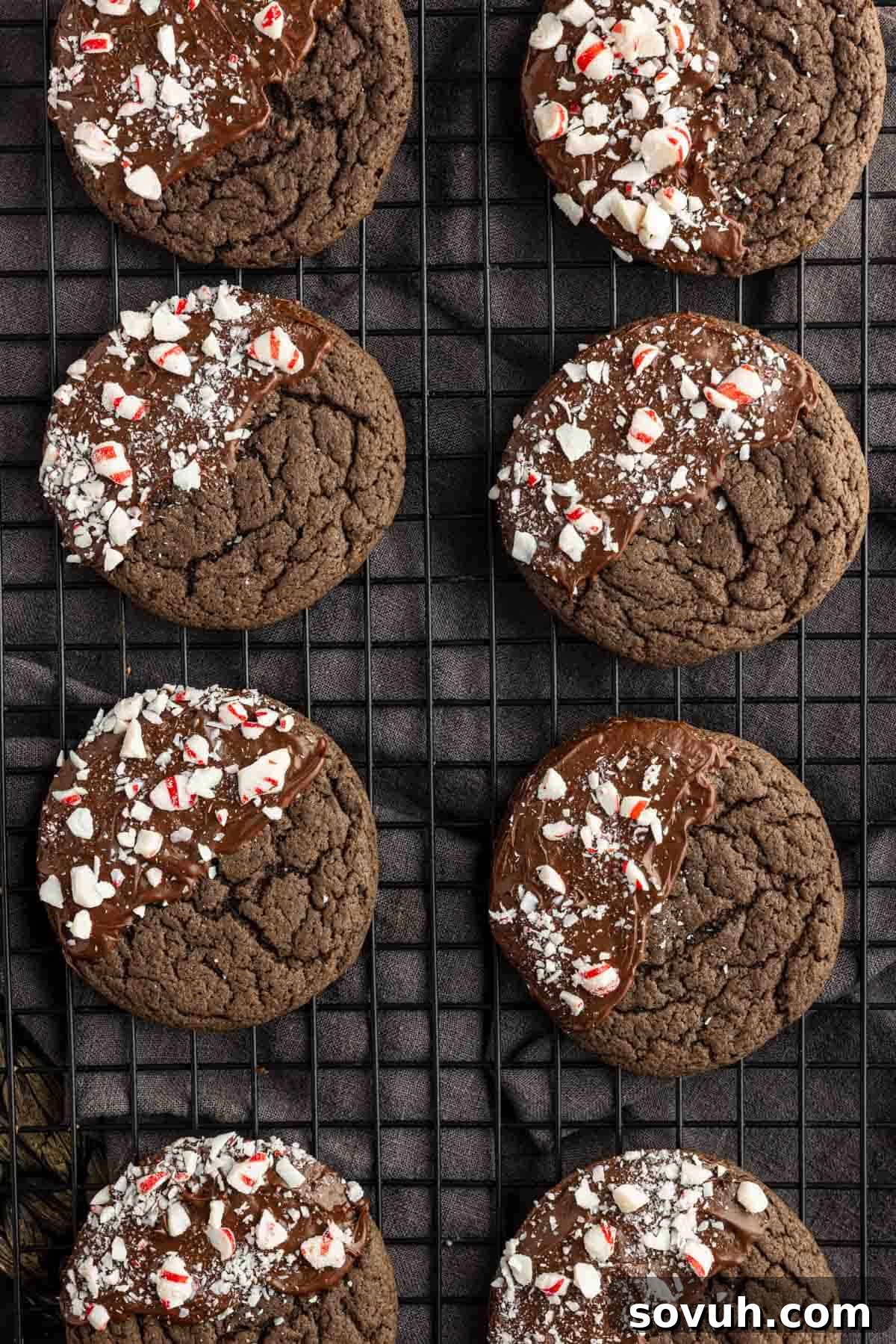 Eight chocolate cookies, some dipped in chocolate and sprinkled with crushed peppermint, are cooling on a black wire rack—these easy peppermint cake mix cookies are perfect for the holidays.