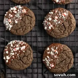 Six chocolate cookies on a cooling rack, each half-dipped in chocolate and sprinkled with crushed peppermint candy—these easy peppermint cake mix cookies are a festive treat for any occasion.