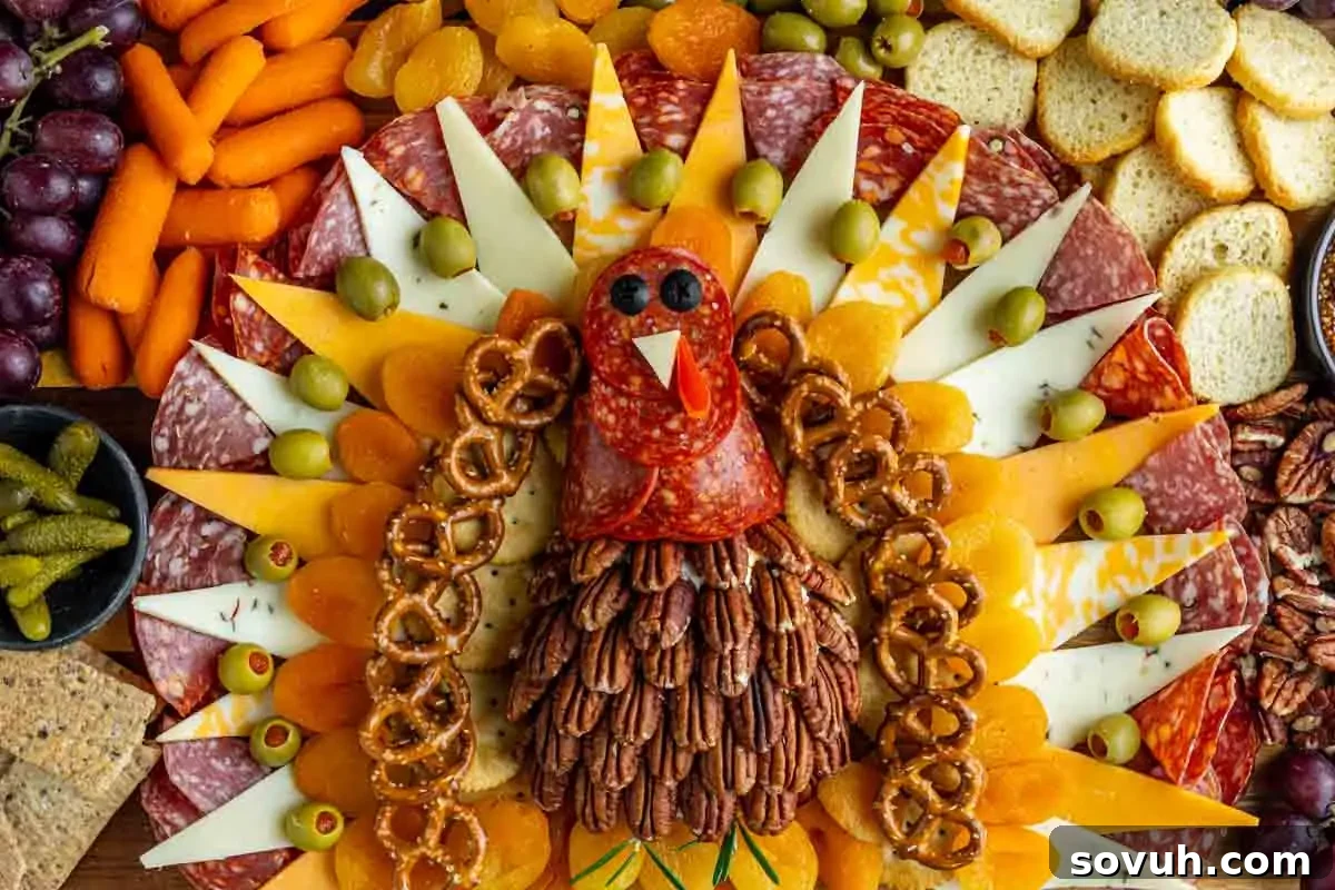 A charcuterie board arranged to resemble a turkey, with meats, cheeses, pretzels, dried fruit, nuts, olives, and crackers displayed in a festive pattern.