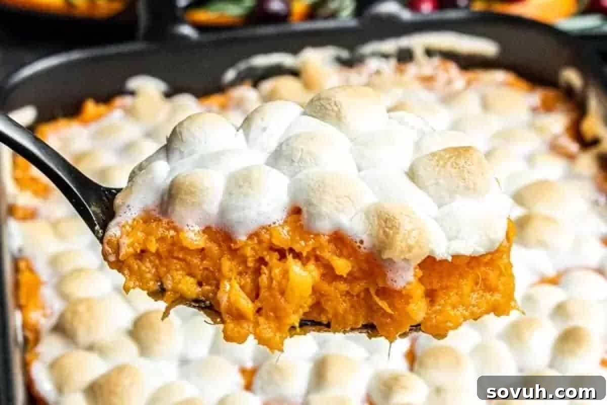 A serving spoon holds a portion of sweet potato casserole topped with toasted marshmallows above a baking dish filled with the same dish.