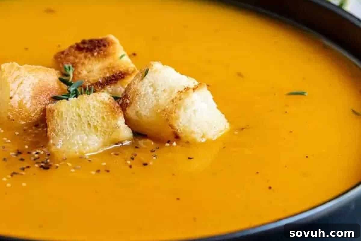 A bowl of orange-colored soup topped with toasted croutons and a sprinkle of herbs and pepper.