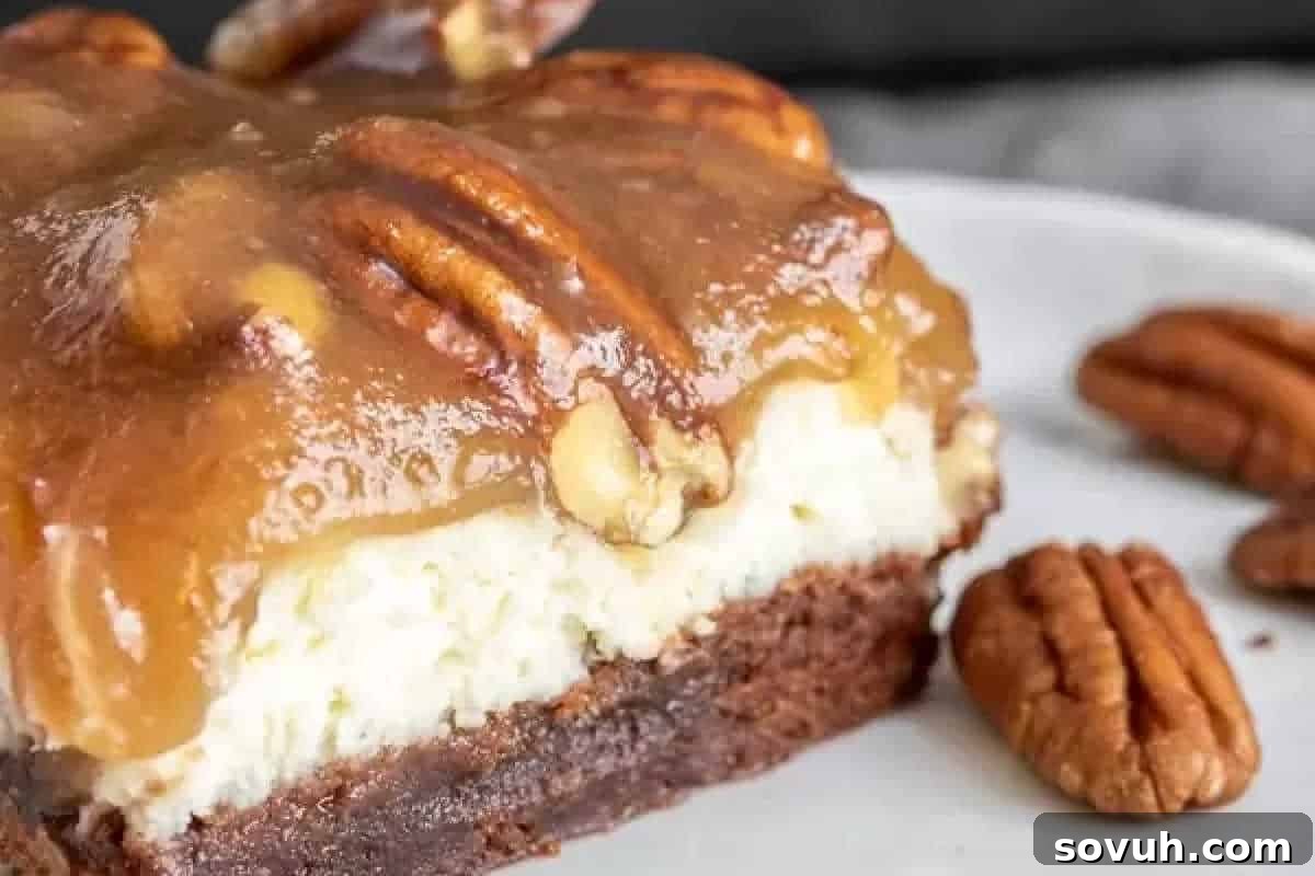 Close-up of a dessert consisting of a brownie base, a creamy middle layer, and a caramel pecan topping. Pecans are also scattered on the plate.