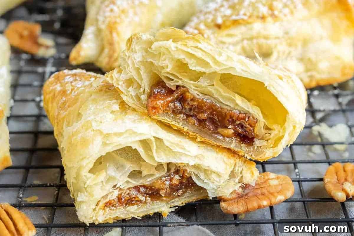 Puffed pastry turnovers filled with a nut and caramel mixture, displayed on a cooling rack with pecan pieces around.