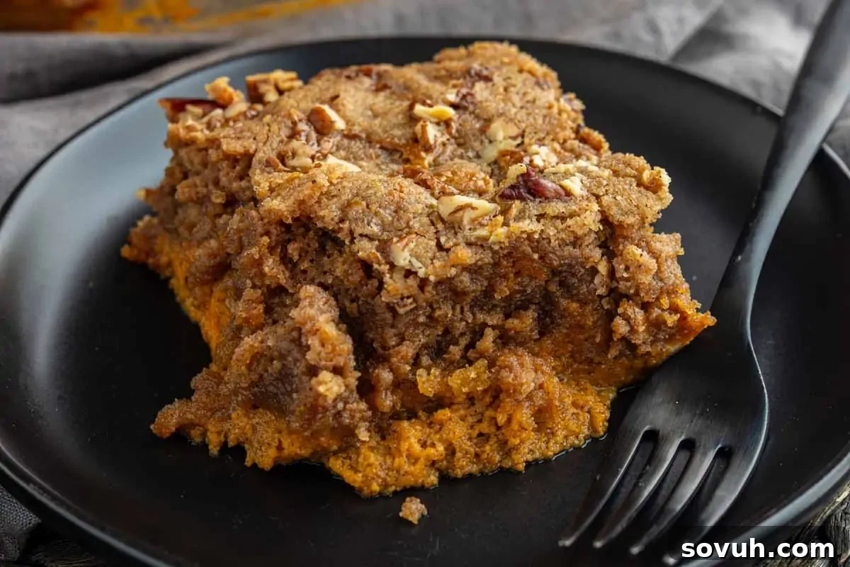 A slice of pumpkin dump cake topped with crumbly brown sugar and pecans, served on a black plate with a black fork—one of the best easy Thanksgiving desserts for your holiday table.