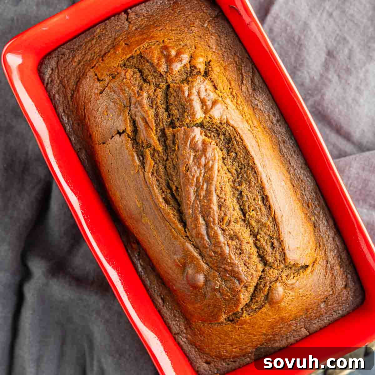 A freshly baked gingerbread pound cake rests in a vibrant red rectangular loaf pan, elegantly placed on a dark, soft cloth background. The deep golden-brown crust hints at its perfectly spiced and moist interior, ready to be enjoyed.