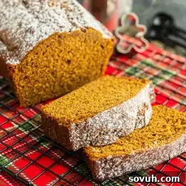 A festive homemade gingerbread loaf with two slices cut, beautifully dusted with powdered sugar, resting on a cozy red plaid cloth, inviting you to enjoy a holiday treat.