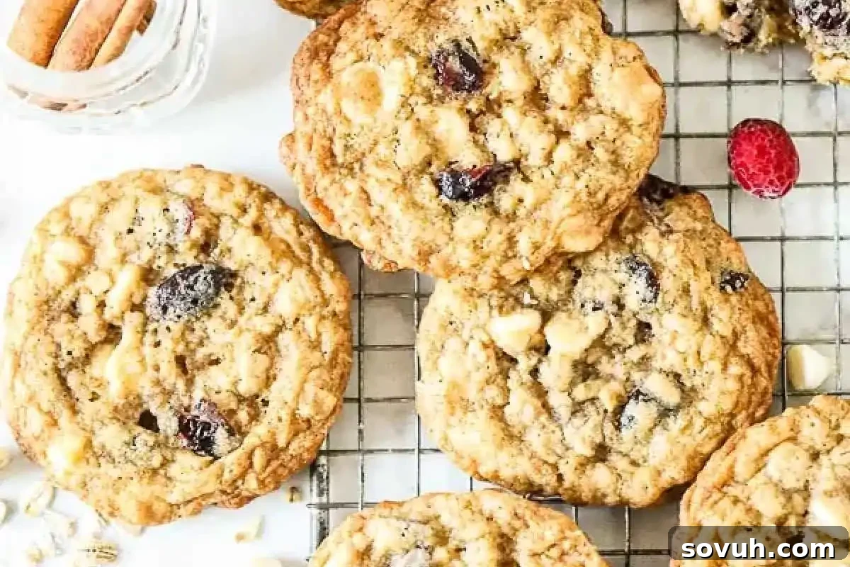 A cooling rack holds several Santa Approved oatmeal raisin cookies with visible oats and raisins on a white surface. A glass container with cinnamon sticks is nearby, perfect for Christmas Cookies season, showcasing festive ingredients.