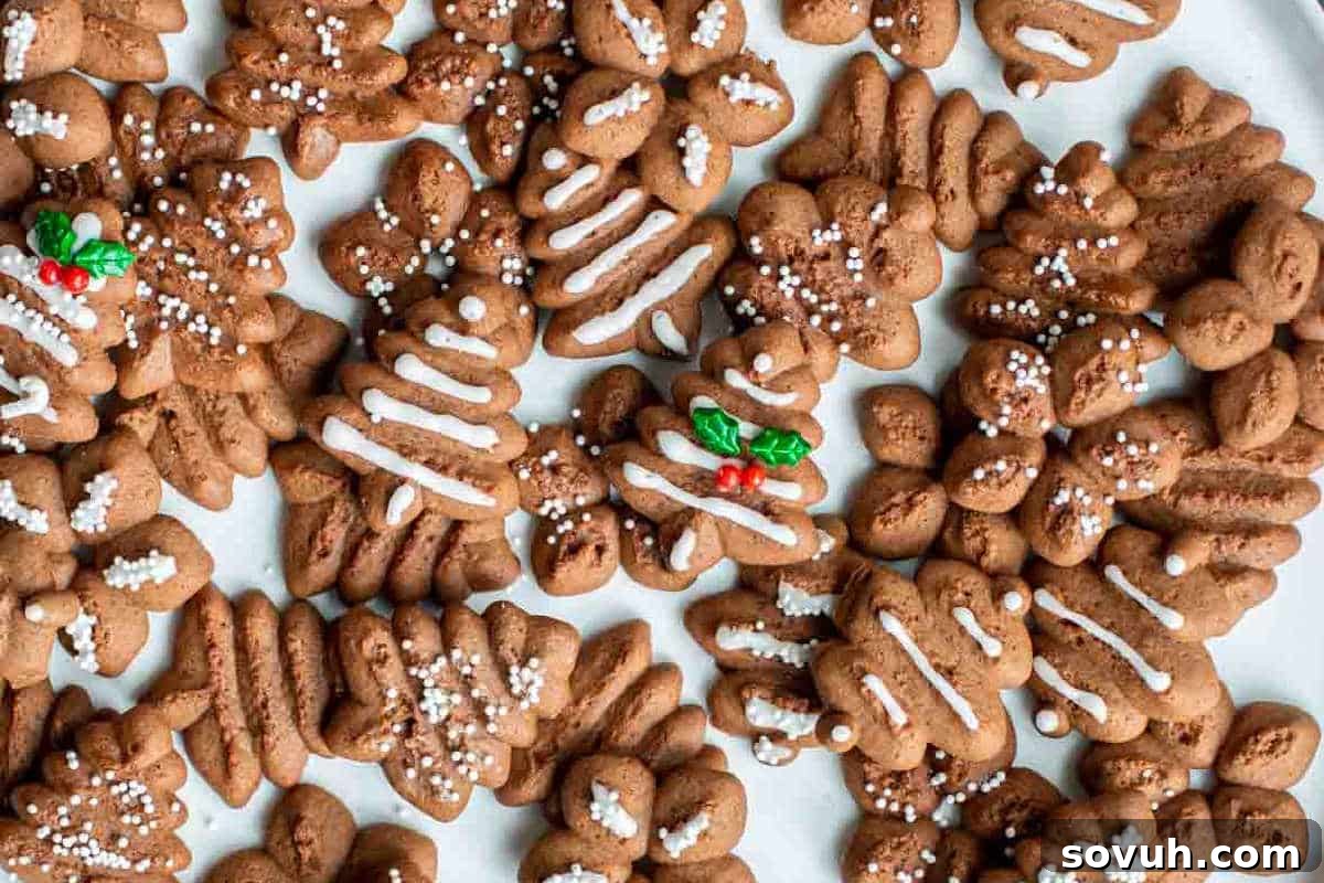 A variety of chocolate spritz cookies decorated with white icing and small candy decorations on a flat surface, showcasing intricate holiday shapes.