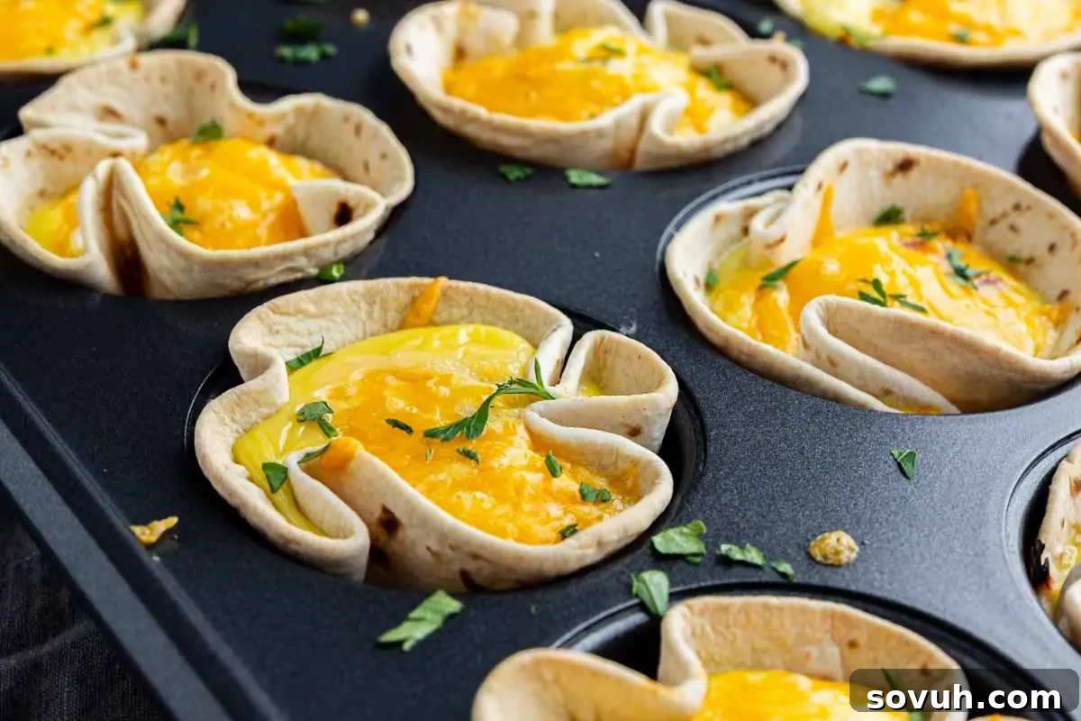 Muffin tin filled with tortilla cups containing baked eggs, melted cheese, and chopped herbs.