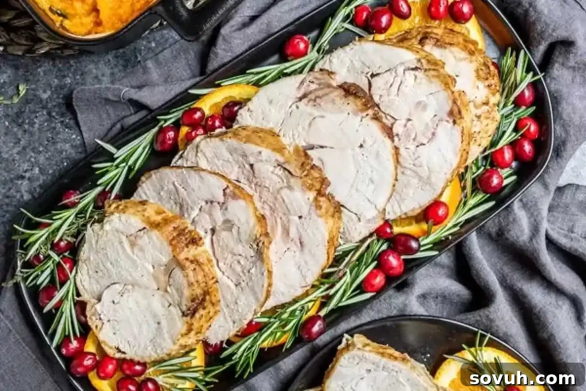 Perfectly sliced roasted turkey breast, adorned with fresh rosemary, vibrant orange slices, and cranberries, elegantly presented on a platter.