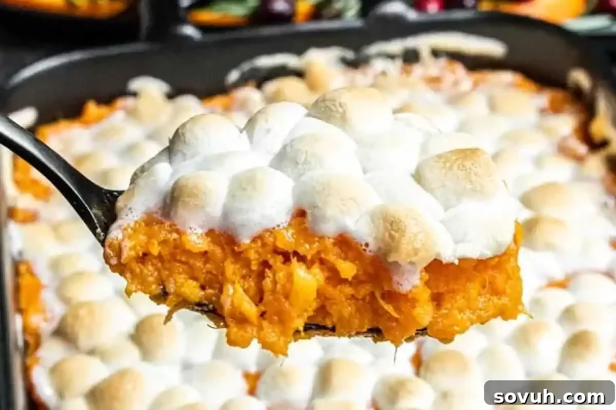 A serving of sweet potato casserole topped with toasted marshmallows is lifted from a baking dish—an irresistible addition to the ultimate lineup of Christmas sides and a true perfect plate for your holiday table.