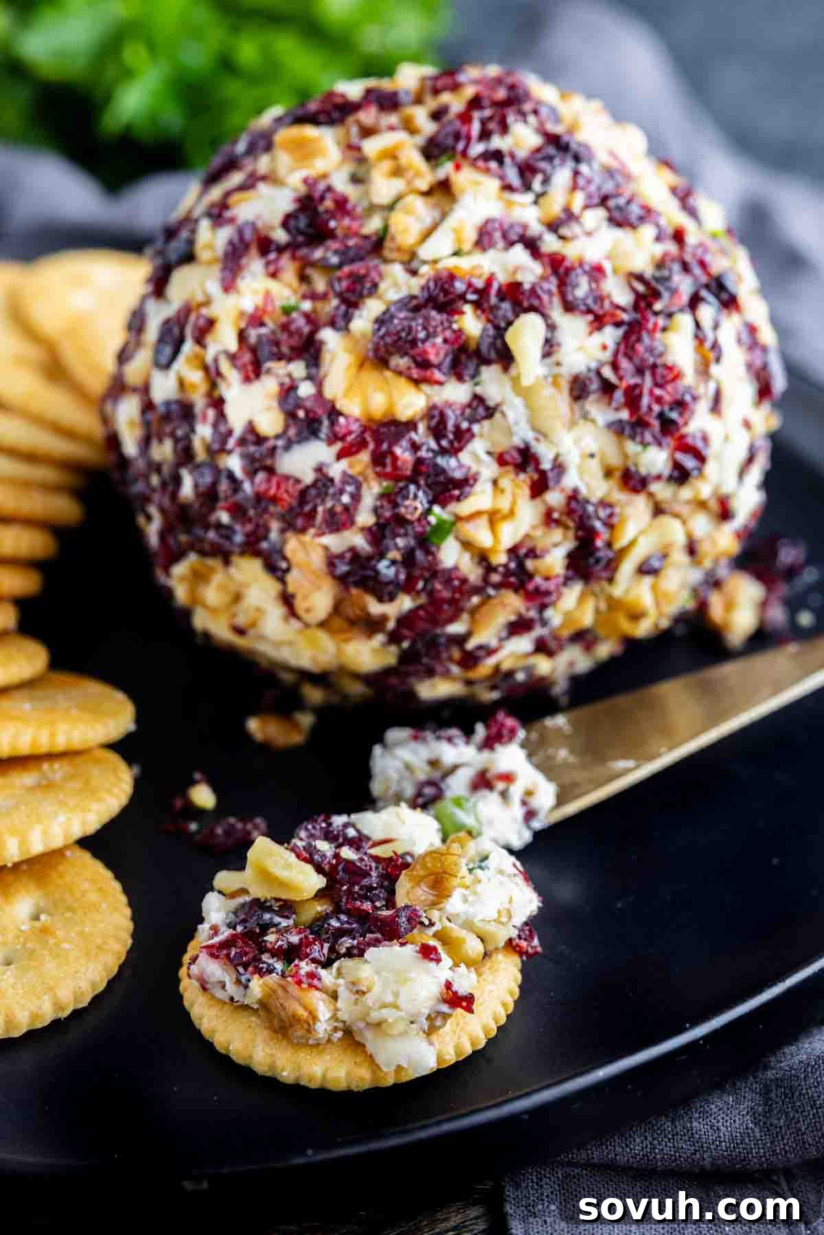 A beautiful Cranberry Cheeseball, adorned with cranberries and chopped nuts, elegantly served on a black plate with a selection of crackers and a spreading knife – a truly festive cheeseball recipe perfect for any occasion.