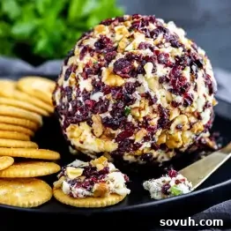 A cheese ball coated with chopped nuts and dried cranberries is served on a black plate with round crackers and a spreading knife.