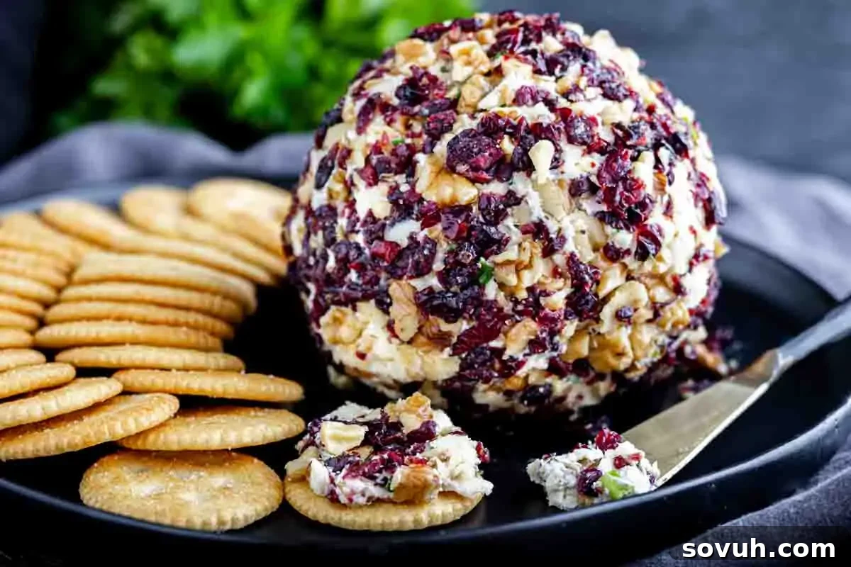 A festive Cranberry Cheeseball, adorned with vibrant cranberries and finely chopped nuts, elegantly presented on a black plate with crisp, round crackers and a spreading knife, ready for serving at any holiday gathering.
