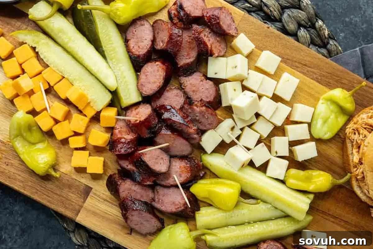 A rustic charcuterie board, artfully arranged with succulent slices of BBQ sausage, perfectly cubed cheddar and mozzarella cheeses, crisp pickle spears, and tangy pepperoncinis, presented on a warm wooden surface.