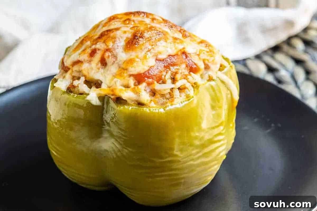 A cooked green bell pepper stuffed with a high-protein meat and rice mixture, topped with melted cheese, served on a black plate—perfect for trying new year high-protein recipes. A wholesome and convenient one-pot stuffed peppers meal.