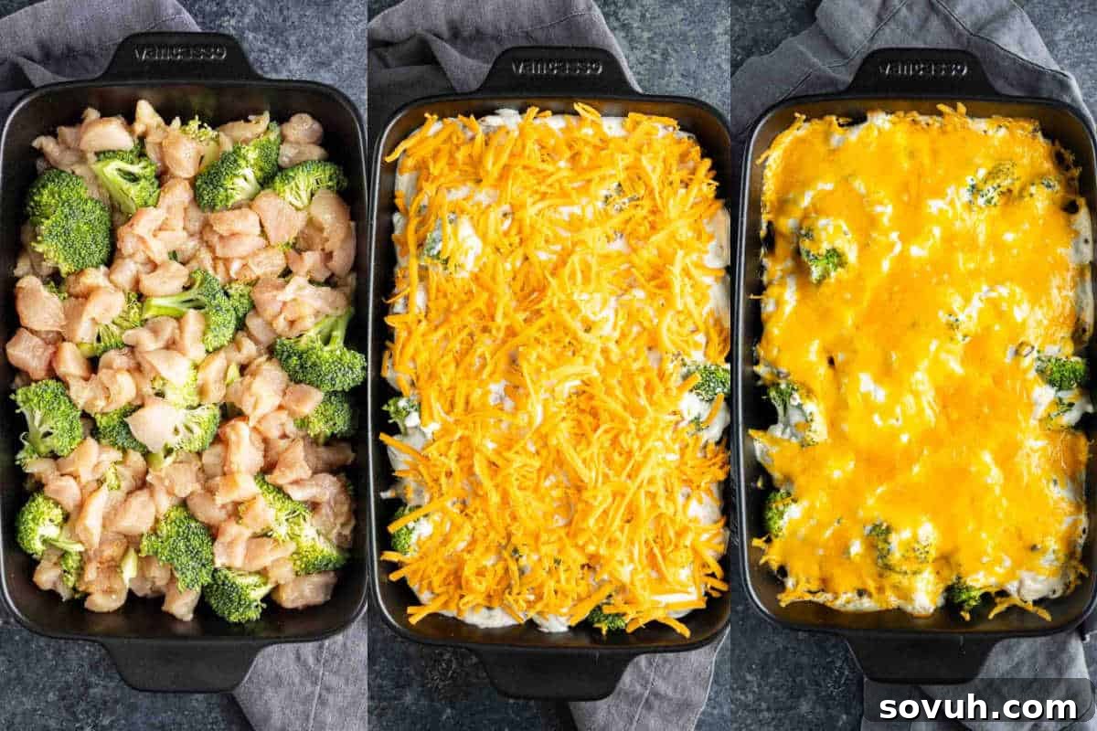 Three side-by-side baking dishes show a high protein chicken and broccoli casserole before baking, topped with shredded cheese, and fully baked with melted cheese—a perfect easy high protein lunch or dinner.