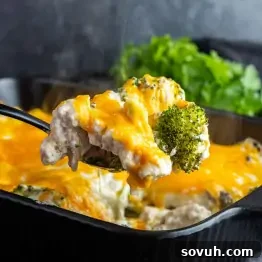 A spoonful of food in a pan, perfect for a low calorie chicken broccoli casserole—an easy high protein lunch and a great high protein meal idea.