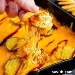 A hand pulls a cracker covered in melted, cheesy dip topped with pickles from a baking dish filled with more dip and pickle slices.