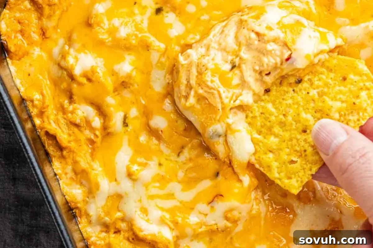 A hand dips a tortilla chip into a cheesy baked chicken enchilada dip in a rectangular glass dish.