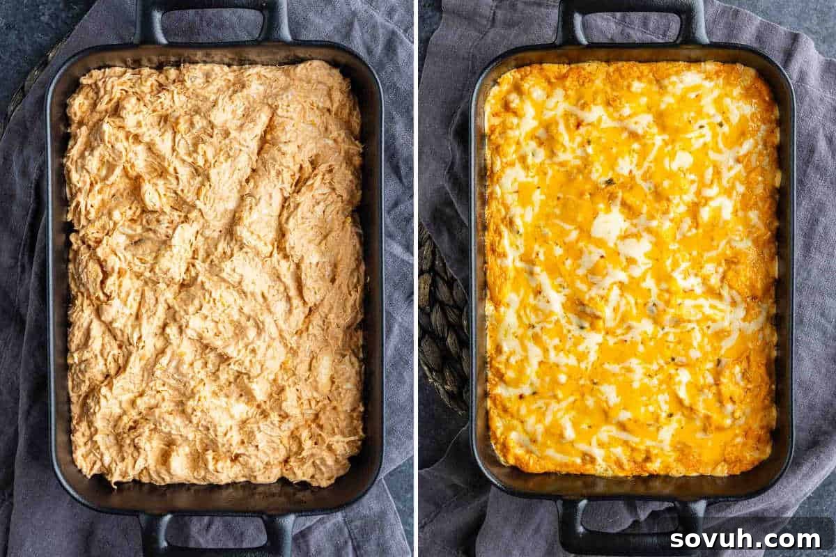 Side-by-side images of a baking dish, first filled with enchilada chicken dip mixture, then topped with melted cheese after baking.