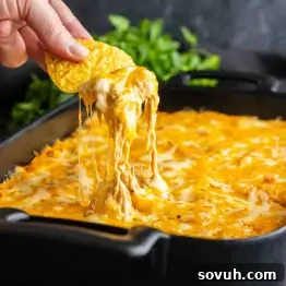 A hand dips a tortilla chip into a cheesy baked chicken dip, pulling up melted cheese from a black baking dish with green herbs in the background—perfect as a game day dip.