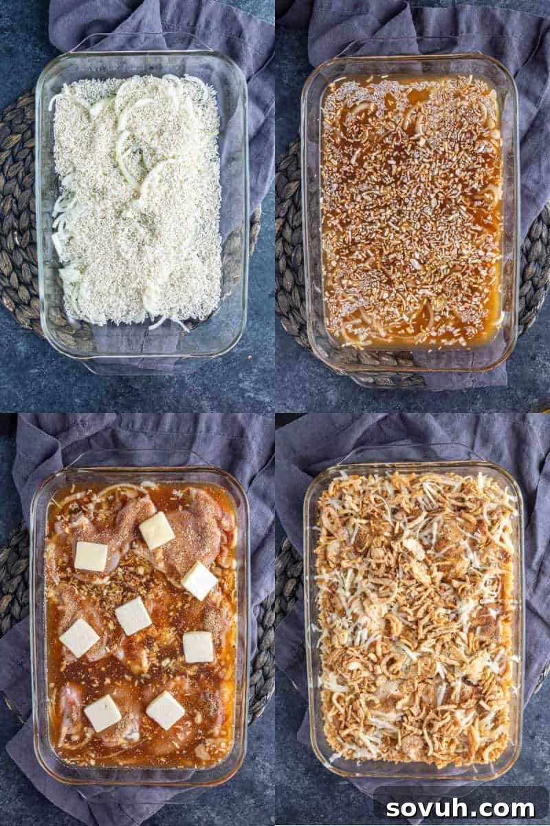 Four stages of preparing a French Onion Chicken and Rice Bake: layering raw ingredients, adding sauce, topping with butter, and finishing with crispy onions before baking, all shown in a glass baking dish.
