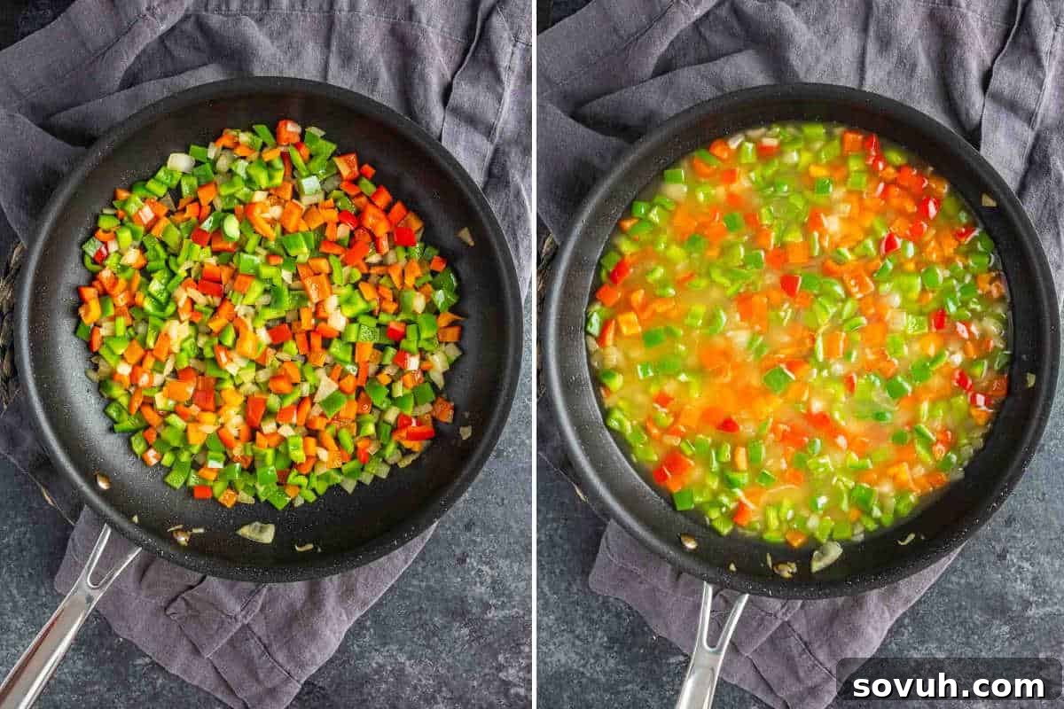 Side-by-side pans: left shows chopped onions, red, and green bell peppers sautéing; right shows the same mixture simmering with broth for a tasty one pot sausage and rice meal.