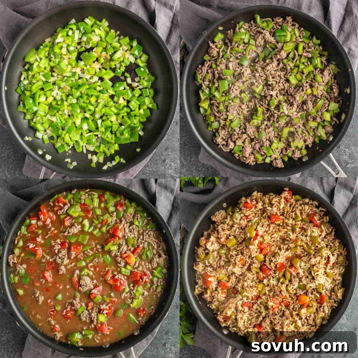 A vibrant collage showcasing the complete cooking process of a one-pan unstuffed peppers dish, from sautéed vegetables to the final cheesy, delicious meal in a skillet, highlighting its ease and appealing presentation.