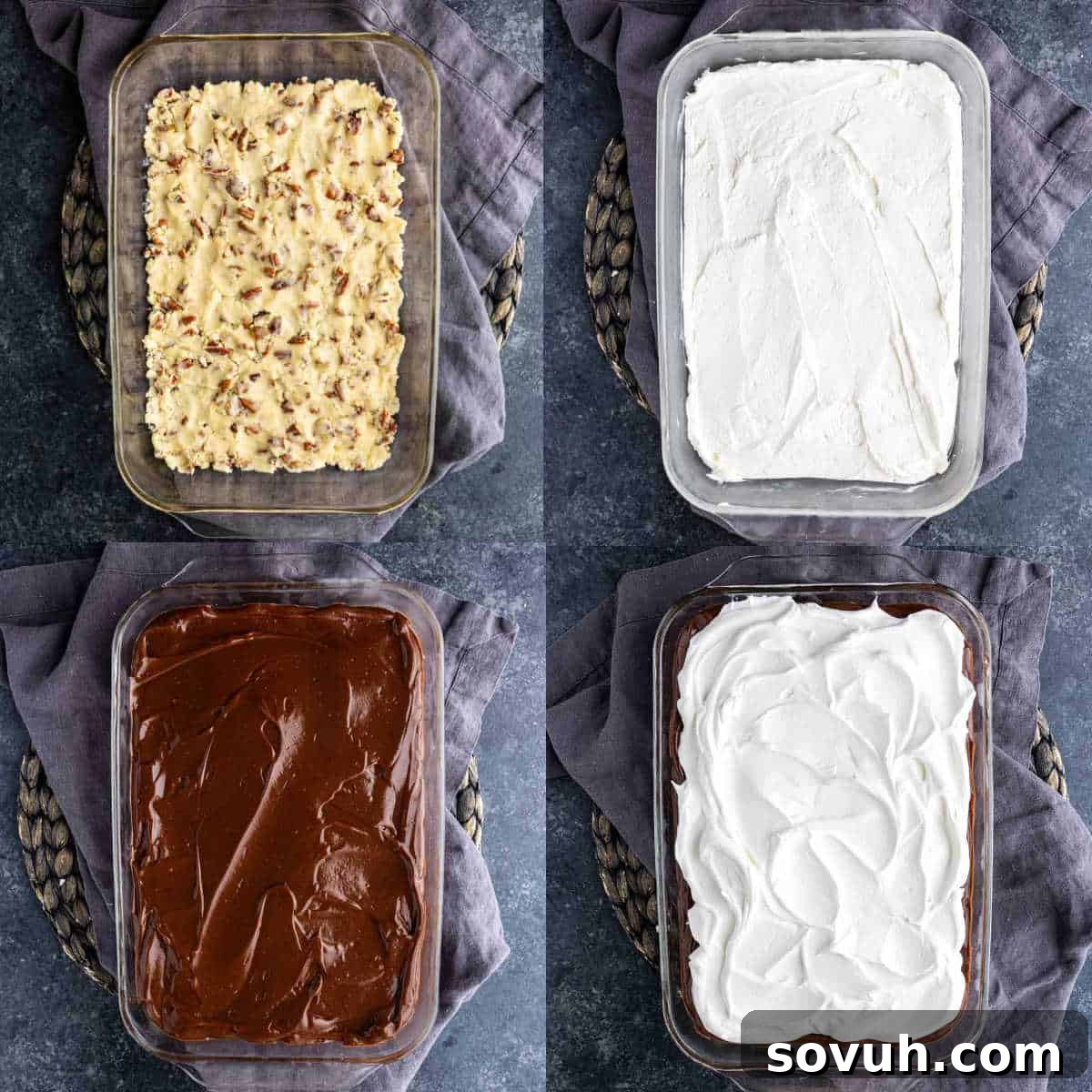 Decadent Chocolate Dream 4 Four-panel image showing the step-by-step assembly of a 4-layer chocolate dessert in a glass dish: crust, cream layer, chocolate layer, and whipped topping.