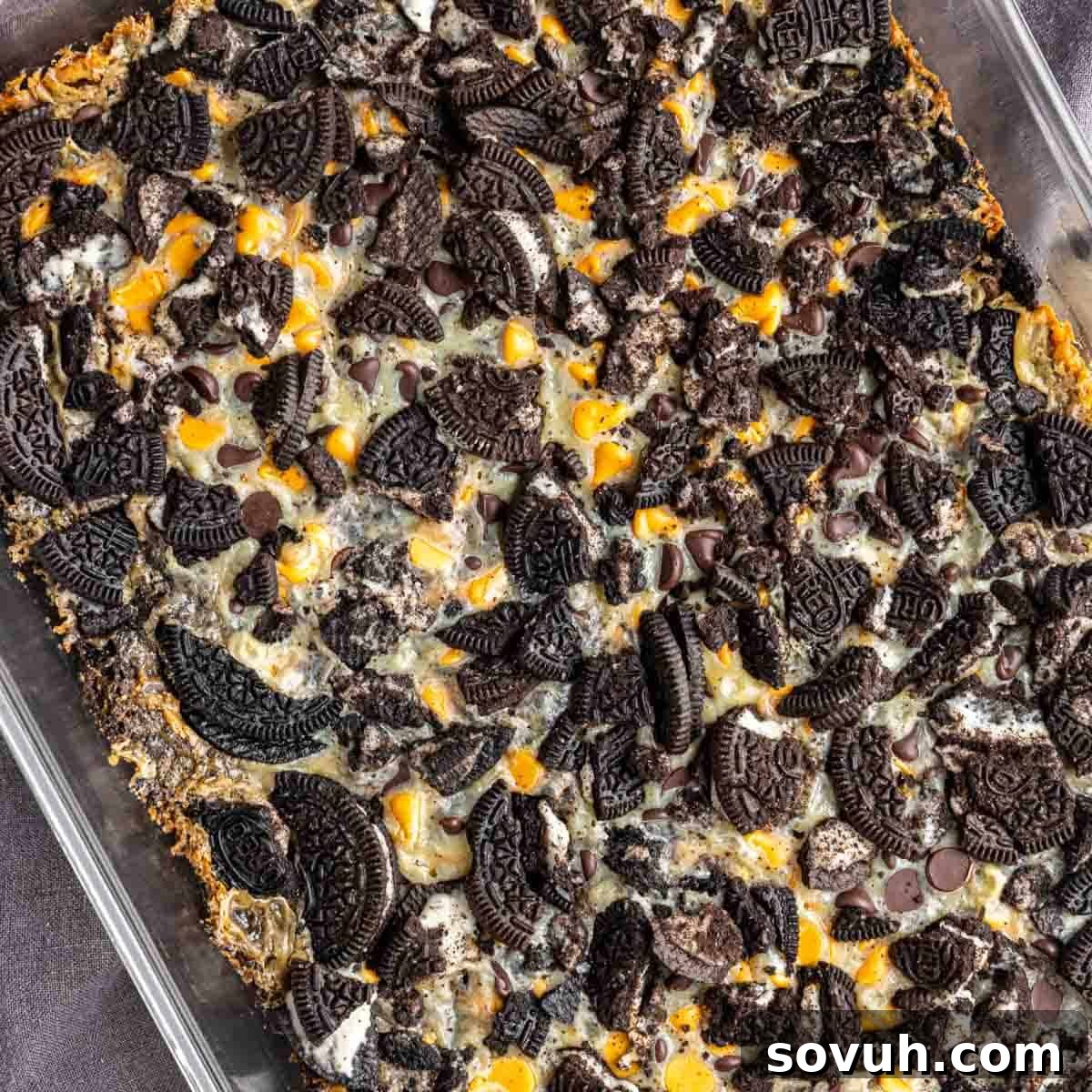 Oreo Magic Bars in a glass baking dish, freshly baked and inviting.