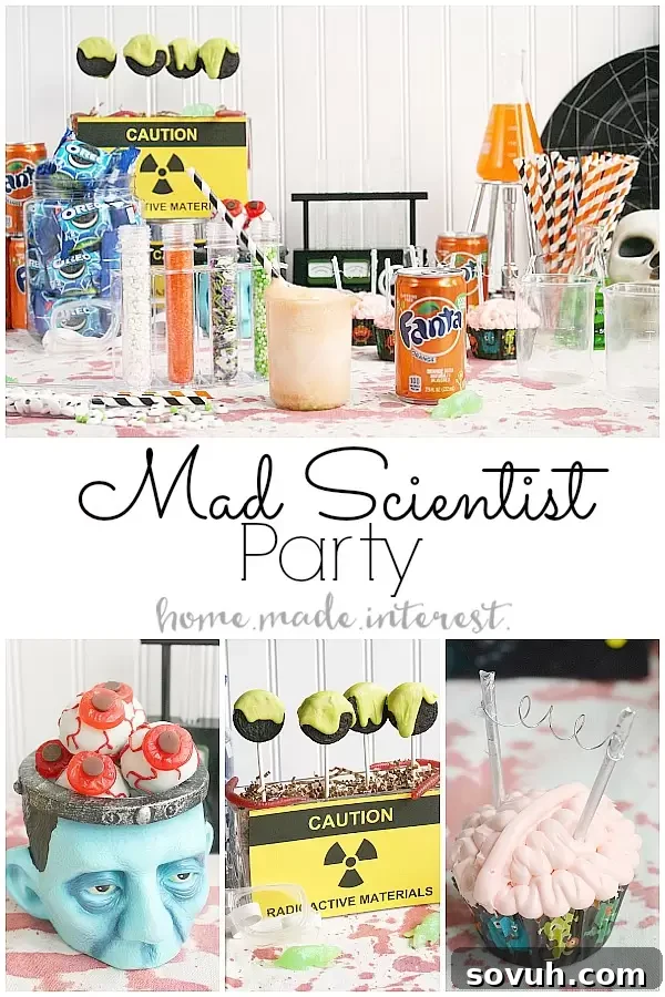 A vibrant Halloween party spread featuring Brain cupcakes, OREO ball eyeballs, and Mad Scientist ice cream floats, all arranged in a mad scientist lab theme.