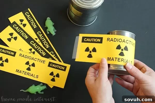 DIY Halloween Radioactive labels used as props for a Mad Scientist Party.