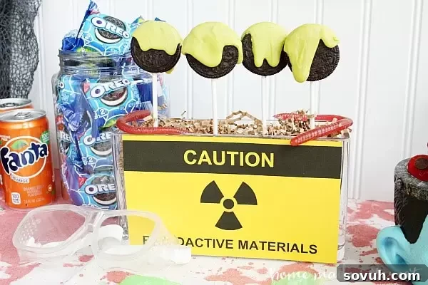 Radioactive OREO pops dipped in green candy melts, resembling slime, presented for a Mad Scientist Halloween party.