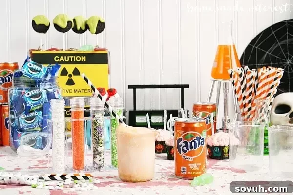A beautifully arranged Mad Scientist Halloween Party table with scientific props, themed snacks, and drinks.