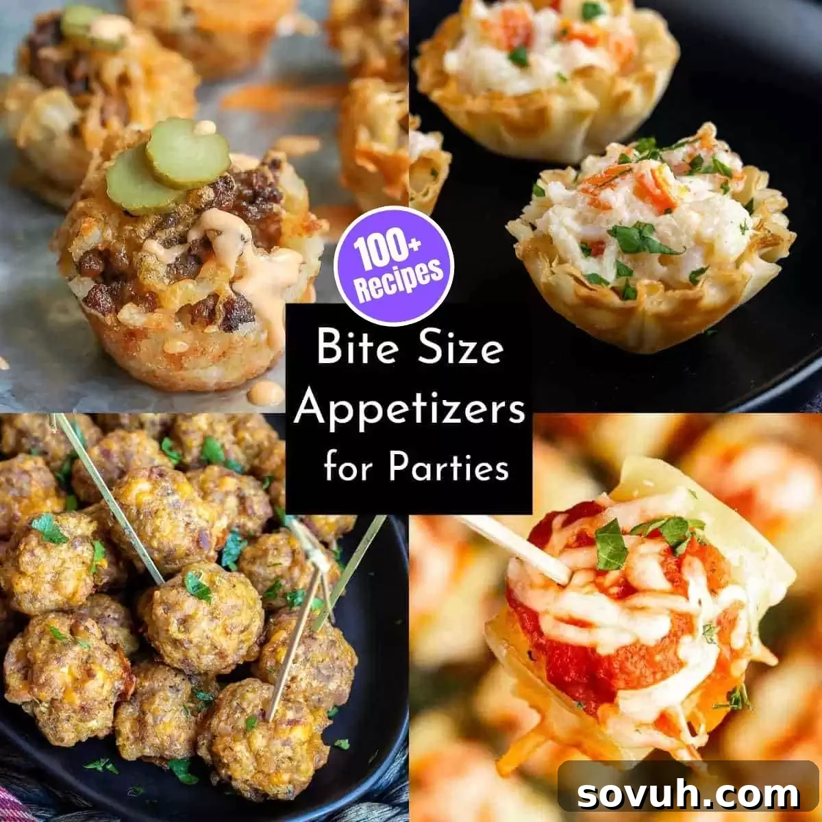 A vibrant collage of various bite-sized appetizers for parties, showcasing an array of colors and textures from different food categories.