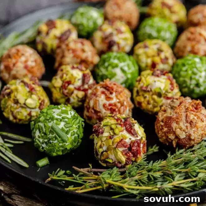 A plate of Mini Cheeseballs 3 Ways on a black plate with sprigs of rosemary.