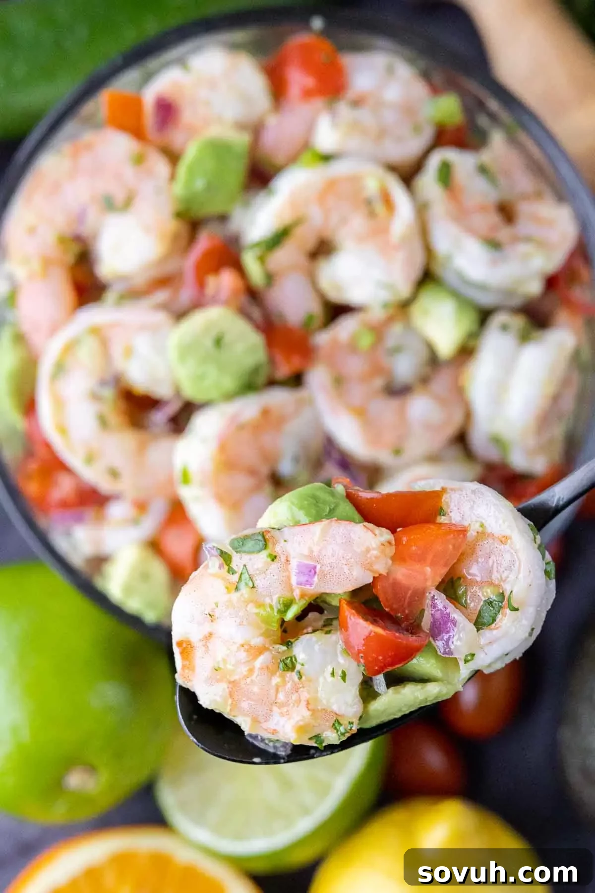 Shrimp Ceviche on a black spoon