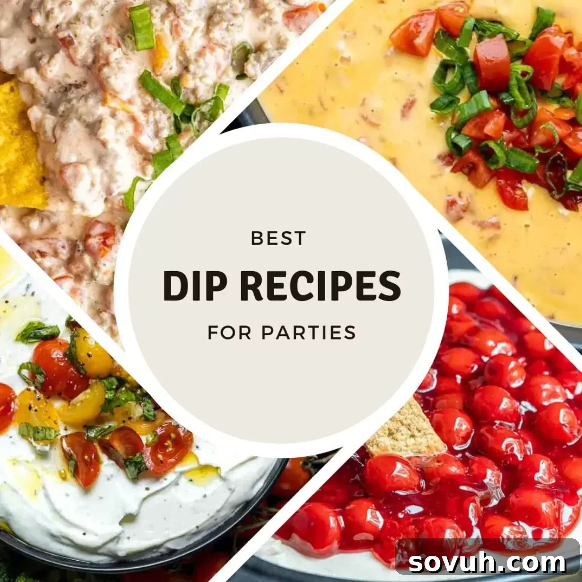 A vibrant collage showcasing a variety of delicious party dip recipes, from creamy and classic to fresh and exciting blends, perfect for any gathering.