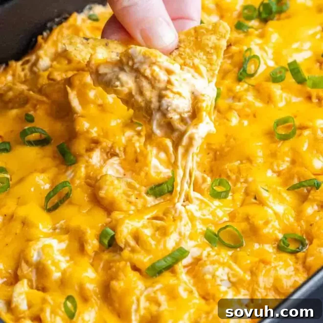 dipping a chip in Oven Buffalo Chicken Dip