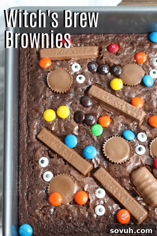 Pinterest graphic featuring Witch's Brew Brownies with title text and delicious-looking brownies