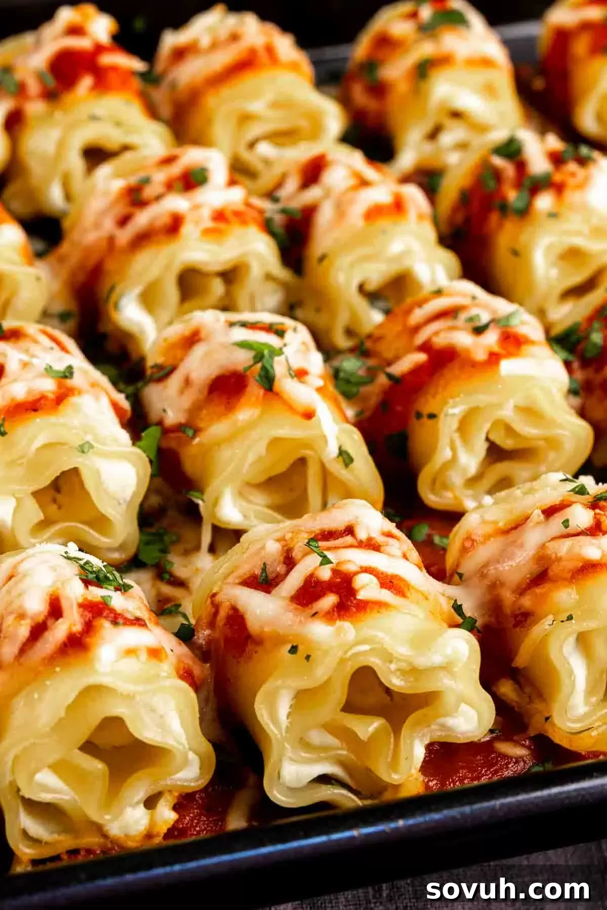 A beautifully presented tray of mini lasagna appetizers, generously topped with red sauce, melted parmesan, and fresh herbs, ready for a party.